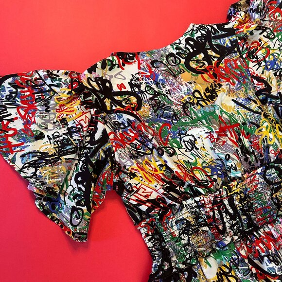 Graffiti Print Punk Top with Ruffled Sleeves, Size M – Bold and Edgy Statement - Picture 10 of 11